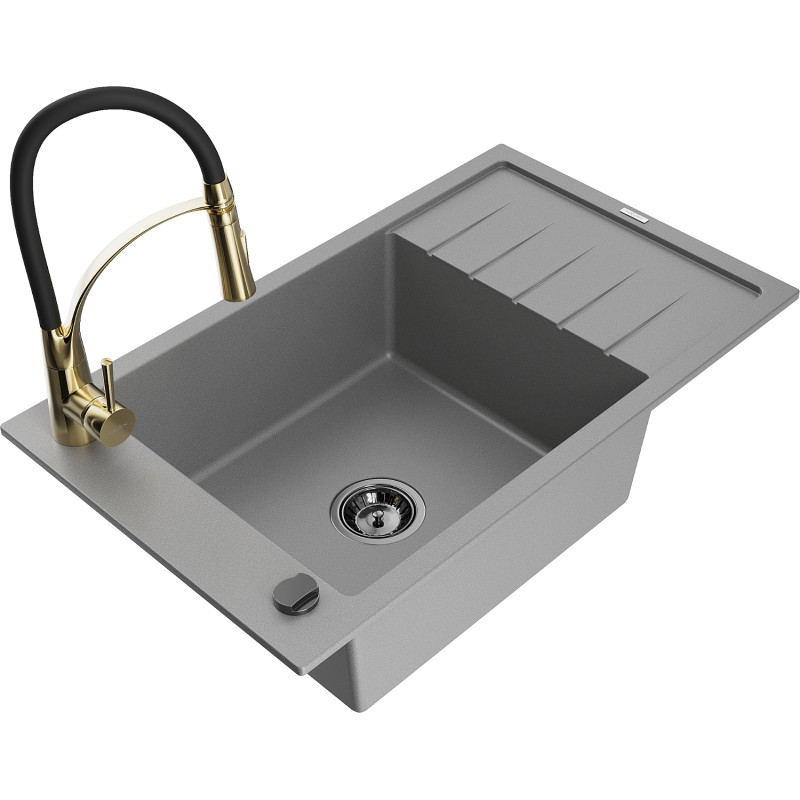 Mexen Elias Granitspüle 1-Becken mit Abtropffläche und Küchenarmatur Aster, grau - 6511-71-73450-57-B