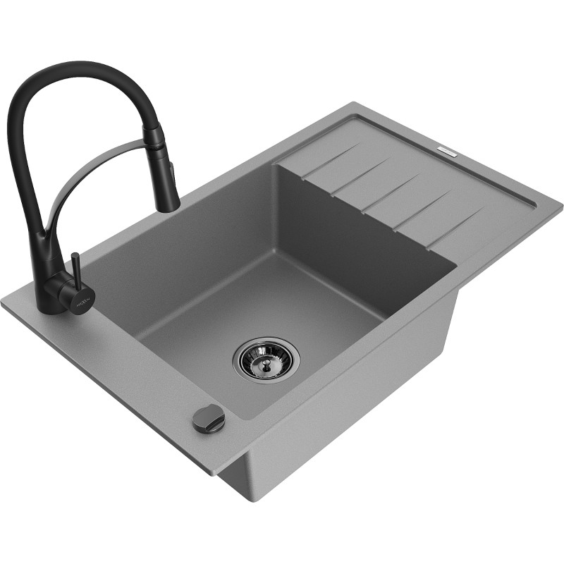 Mexen Elias Granitspüle 1-beckig mit Abtropffläche und Küchenarmatur Aster, grau - 6511-71-73450-70-B