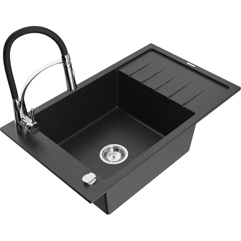 Mexen Elias Granitspüle 1-Becken mit Abtropffläche und Küchenarmatur Aster, schwarz/silber Metallic - 6511-73-73450-07