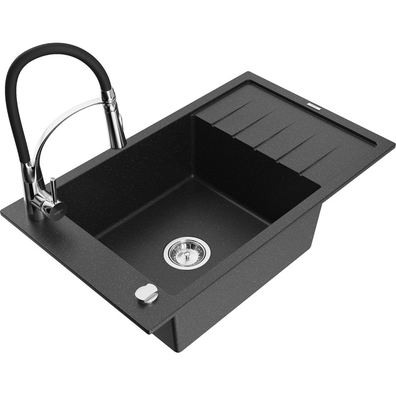 Mexen Elias Granitspüle 1-becken mit Abtropffläche und Küchenarmatur Aster, schwarz/silber-metallik - 6511-73-73450-07