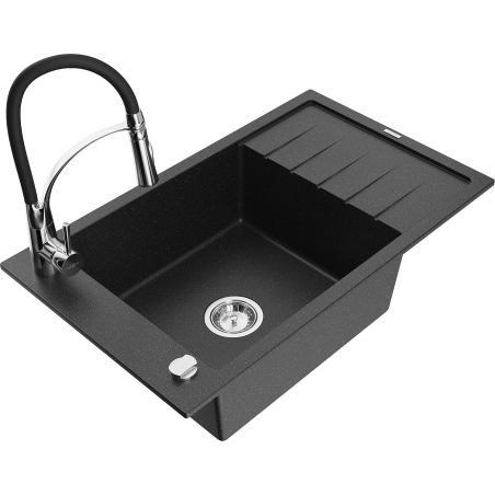 Mexen Elias Granitspüle 1-Becken mit Abtropffläche und Küchenarmatur Aster, schwarz/silber Metallic - 6511-73-73450-07