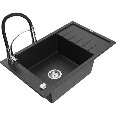 Mexen Elias Granitspüle 1-becken mit Abtropffläche und Küchenarmatur Aster, schwarz/silberner Metallic - 6511-73-73450-07