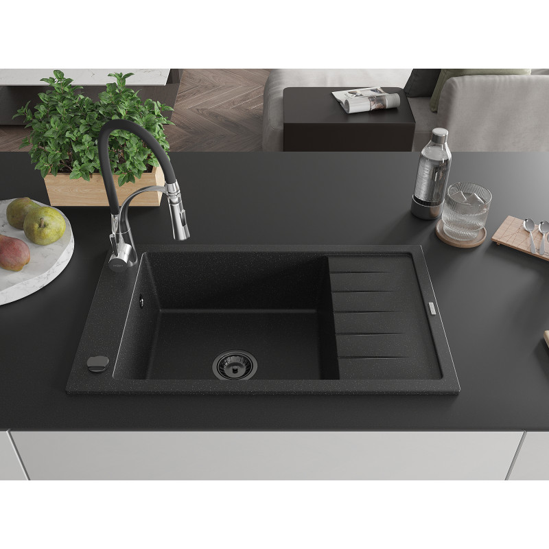 Mexen Elias Granitspüle 1-Becken mit Abtropffläche und Küchenarmatur Aster, schwarz/silber metallic - 6511-73-73450-07-B