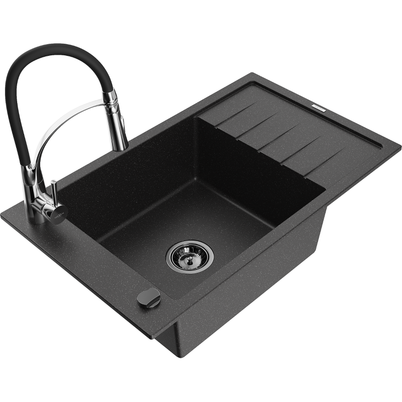 Mexen Elias Granitspüle 1-Becken mit Abtropffläche und Küchenarmatur Aster, schwarz/silber metallic - 6511-73-73450-07-B
