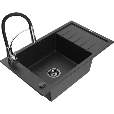 Mexen Elias Granitspüle 1-Becken mit Abtropffläche und Küchenarmatur Aster, schwarz/silber metallic - 6511-73-73450-07-B