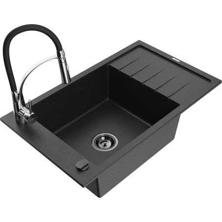Mexen Elias Granitspüle 1-beckig mit Abtropffläche und Küchenarmatur Aster, schwarz/silber metallic - 6511-73-73450-07-B