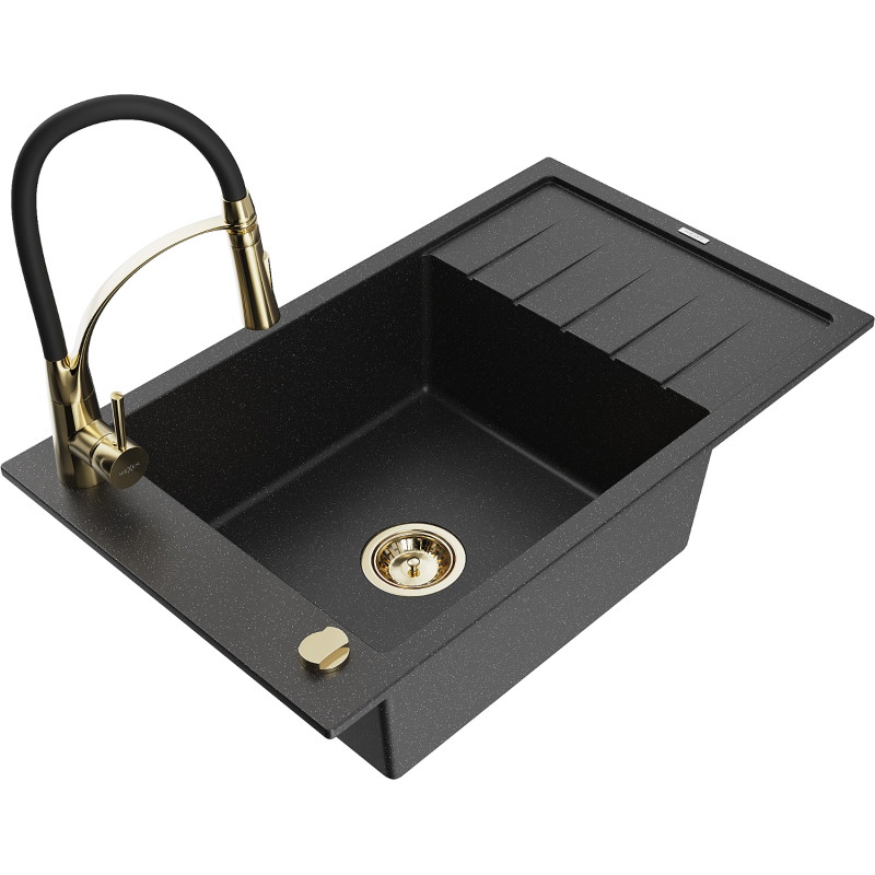 Mexen Elias Granitspüle 1-becken mit Abtropffläche und Küchenarmatur Aster, schwarz/silber metallic - 6511-73-73450-57-G