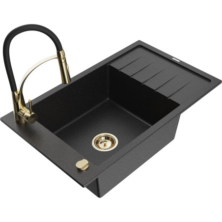 Mexen Elias Granitspüle 1-becken mit Abtropffläche und Küchenarmatur Aster, schwarz/silber metallic - 6511-73-73450-57-G