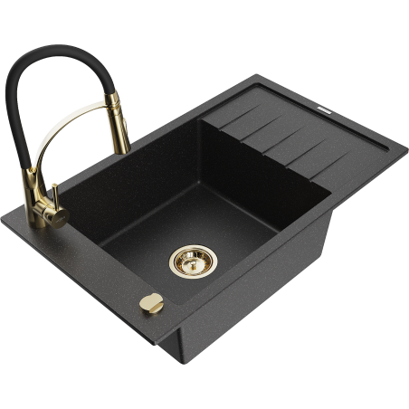 Mexen Elias Granitspüle 1-Becken mit Abtropffläche und Küchenarmatur Aster, schwarz/silbermetallik - 6511-73-73450-57-G