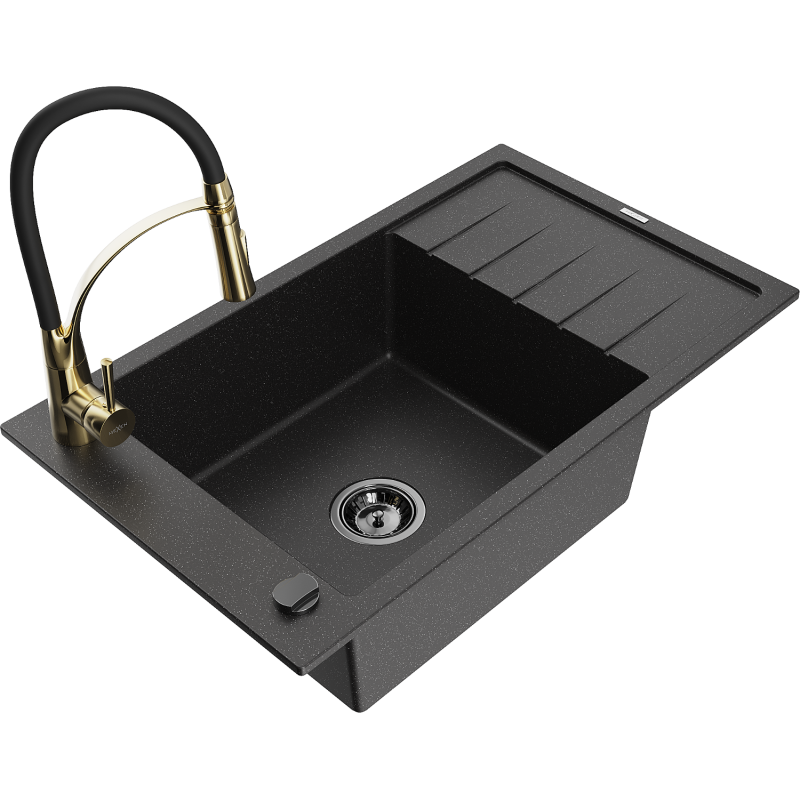 Mexen Elias Granitspüle 1-Becken mit Abtropffläche und Küchenarmatur Aster, schwarz/silber metallic - 6511-73-73450-57-B