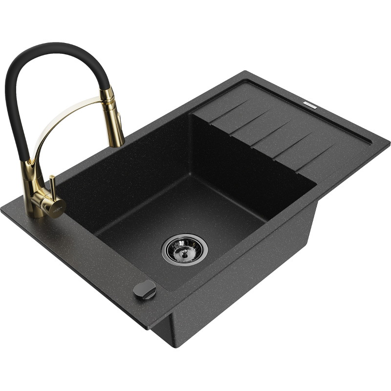 Mexen Elias Granitspüle 1-beckig mit Abtropffläche und Küchenarmatur Aster, schwarz/silber metallic - 6511-73-73450-57-B