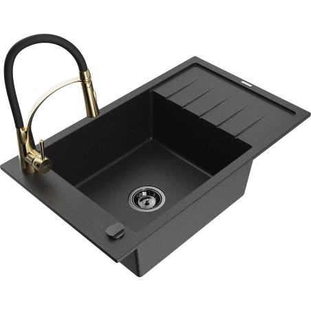 Mexen Elias Granitspüle 1-Becken mit Abtropffläche und Küchenarmatur Aster, schwarz/silber metallic - 6511-73-73450-57-B