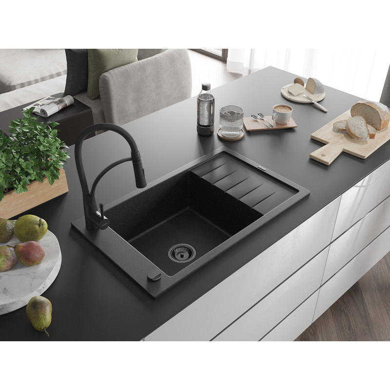 Mexen Elias Granitspüle 1-Becken mit Abtropffläche und Küchenarmatur Aster, schwarz/silber metallic - 6511-73-73450-70-B