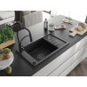 Mexen Elias Granitspüle 1-Becken mit Abtropffläche und Küchenarmatur Aster, schwarz/silber metallic - 6511-73-73450-70-B