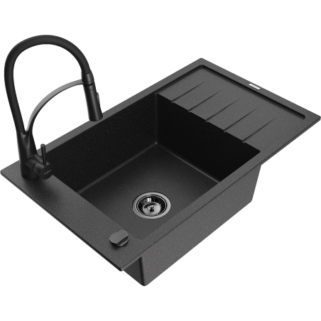 Mexen Elias Granitspüle 1-Becken mit Abtropffläche und Küchenarmatur Aster, schwarz/silber metallic - 6511-73-73450-70-B