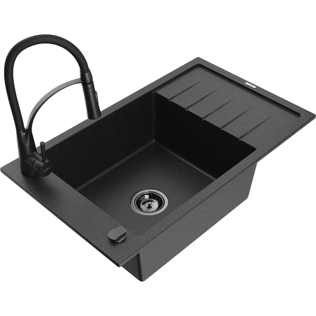 Mexen Elias Granitspüle 1-beckig mit Abtropffläche und Küchenarmatur Aster, schwarz/silber metallic - 6511-73-73450-70-B