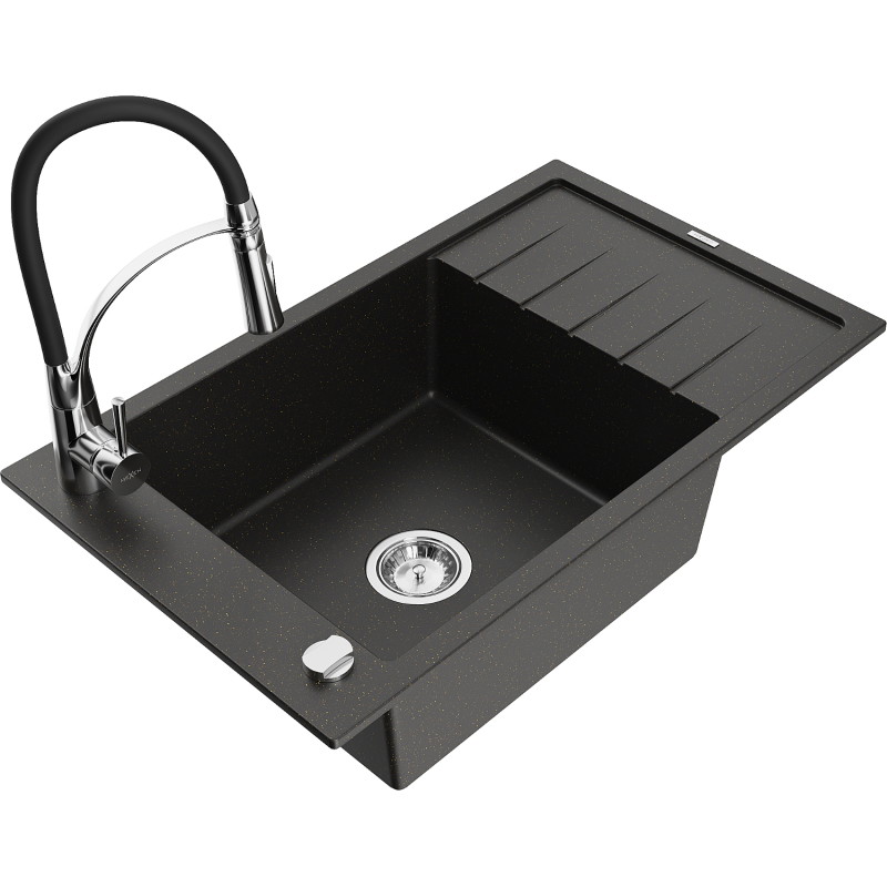 Mexen Elias Granitspüle 1-beckig mit Abtropffläche und Küchenarmatur Aster, schwarz/gold metallic - 6511-75-73450-70