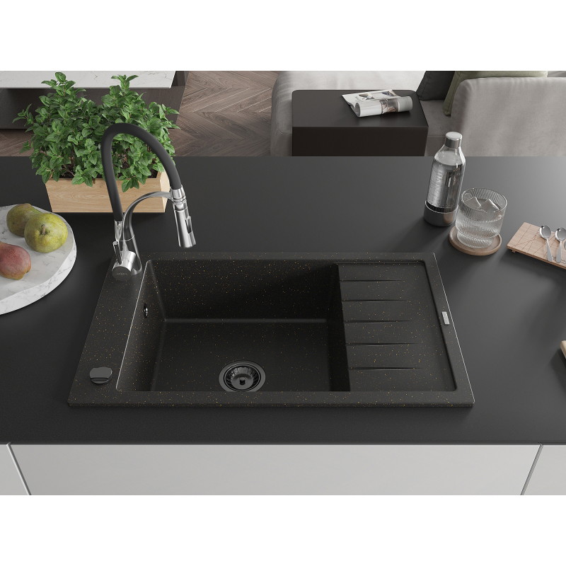 Mexen Elias Granitspüle 1-Becken mit Abtropffläche und Küchenarmatur Aster, schwarz/gold metallic - 6511-75-73450-07-B