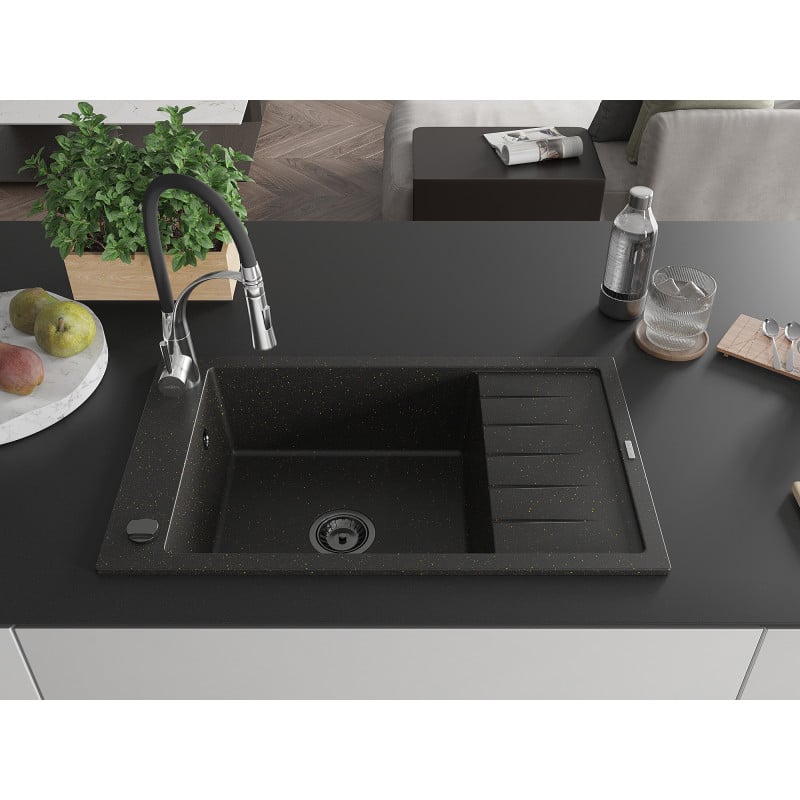 Mexen Elias Granitspüle 1-beckig mit Abtropffläche und Küchenarmatur Aster, schwarz/gold metallic - 6511-75-73450-07-B