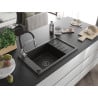 Mexen Elias Granitspüle 1-beckig mit Abtropffläche und Küchenarmatur Aster, schwarz/gold metallic - 6511-75-73450-07-B