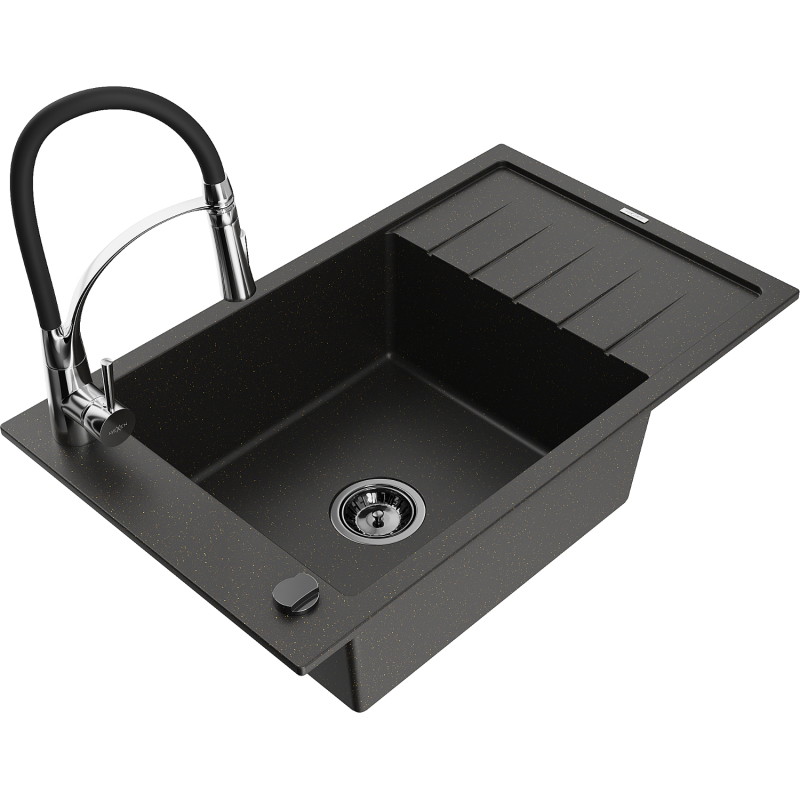 Mexen Elias Granitspüle 1-Becken mit Abtropffläche und Küchenarmatur Aster, schwarz/gold metallic - 6511-75-73450-07-B