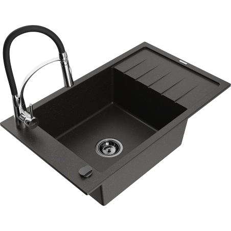 Mexen Elias Granitspüle 1-Becken mit Abtropffläche und Küchenarmatur Aster, schwarz/gold metallic - 6511-75-73450-07-B