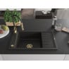Mexen Elias 1-kammeriger Granitspülbecken mit Abtropffläche und Küchenarmatur Aster, schwarz/gold metallisch