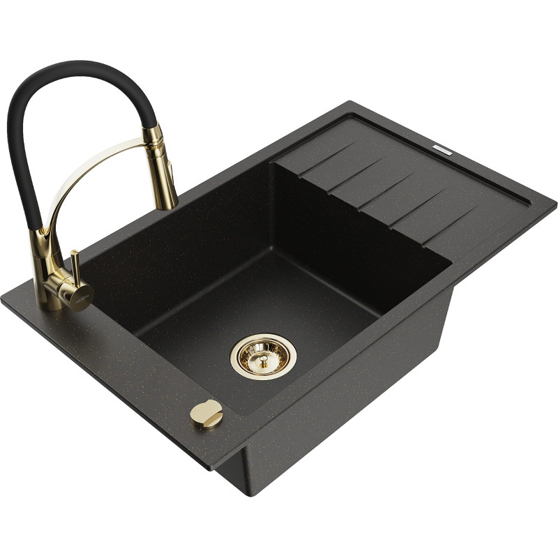 Mexen Elias 1-kammeriger Granitspülbecken mit Abtropffläche und Küchenarmatur Aster, schwarz/gold metallisch