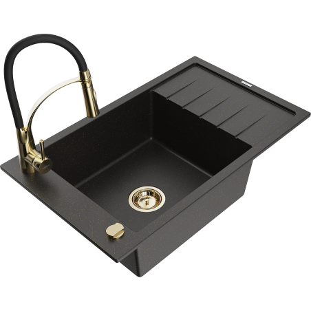 Mexen Elias Granitspüle 1-beckig mit Abtropffläche und Küchenarmatur Aster, schwarz/gold metallic - 6511-75-73450-57-G