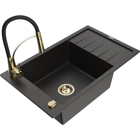 Mexen Elias Granitspüle 1-beckig mit Abtropffläche und Küchenarmatur Aster, schwarz/goldener Metallic - 6511-75-73450-57-G