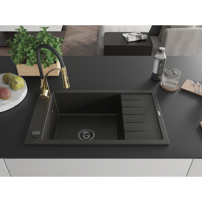 Mexen Elias Granitspüle 1-Kammer mit Abtropffläche und Küchenarmatur Aster, schwarz/gold metallic - 6511-75-73450-57-B