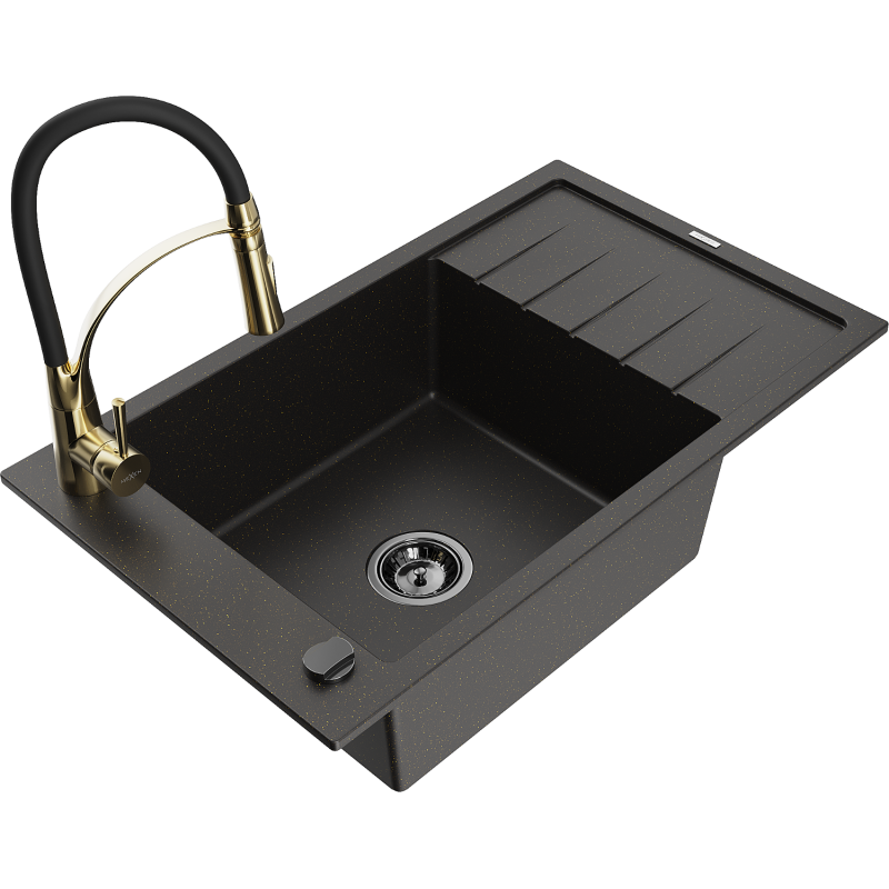 Mexen Elias Granitspüle 1-becken mit Abtropffläche und Küchenarmatur Aster, schwarz/gold metallic - 6511-75-73450-57-B