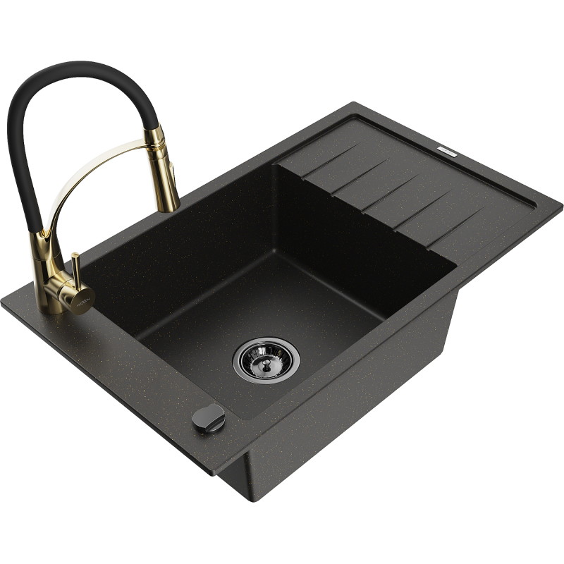 Mexen Elias Granitspüle 1-beckig mit Abtropf und Küchenarmatur Aster, schwarz/goldener Metallic - 6511-75-73450-57-B