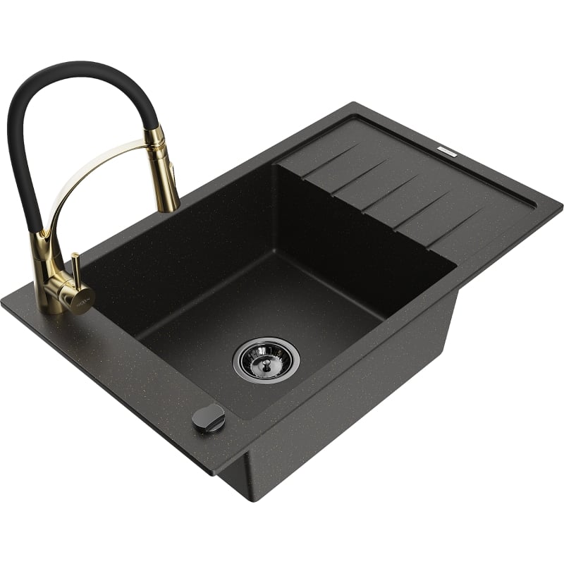 Mexen Elias Granitspüle 1-Kammer mit Abtropffläche und Küchenarmatur Aster, schwarz/gold metallic - 6511-75-73450-57-B