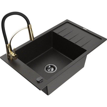 Mexen Elias Granitspüle 1-becken mit Abtropffläche und Küchenarmatur Aster, schwarz/gold metallic - 6511-75-73450-57-B