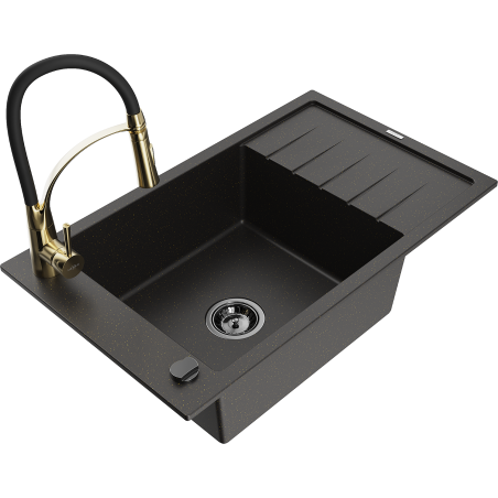 Mexen Elias Granitspüle 1-beckig mit Abtropf und Küchenarmatur Aster, schwarz/goldener Metallic - 6511-75-73450-57-B