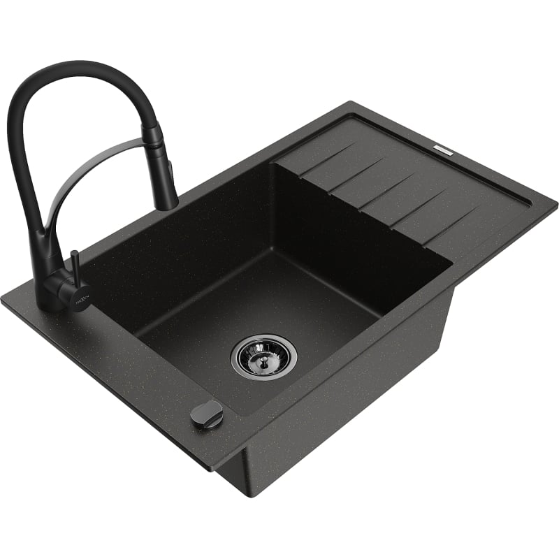 Mexen Elias Granitspüle 1-beckig mit Abtropffläche und Küchenarmatur Aster, schwarz/gold metallic - 6511-75-73450-70-B