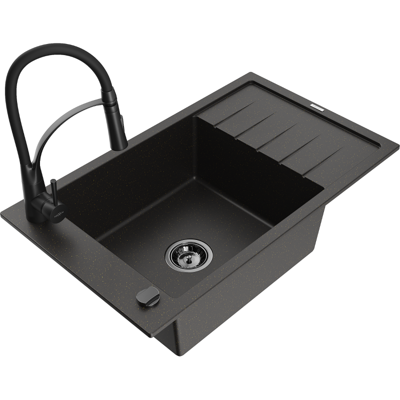 Mexen Elias Granitspüle 1-beckig mit Abtropffläche und Küchenarmatur Aster, schwarz/goldener Metallic - 6511-75-73450-70-B