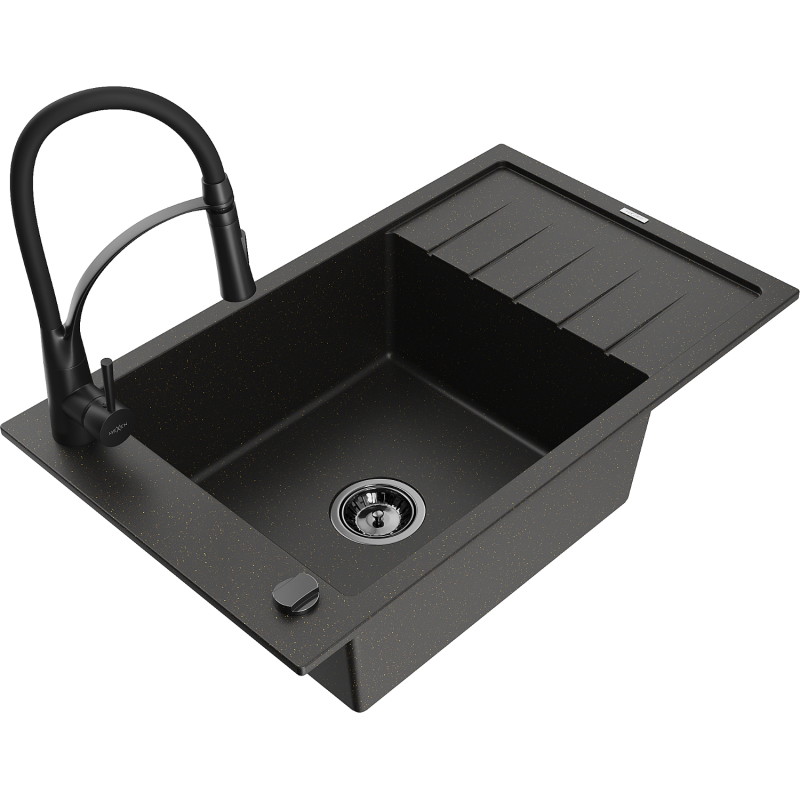 Mexen Elias Granitspüle 1-Bowl mit Abtropffläche und Küchenarmatur Aster, schwarz/gold metallic - 6511-75-73450-70-B
