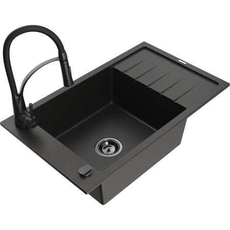 Mexen Elias Granitspüle 1-beckig mit Abtropffläche und Küchenarmatur Aster, schwarz/goldener Metallic - 6511-75-73450-70-B