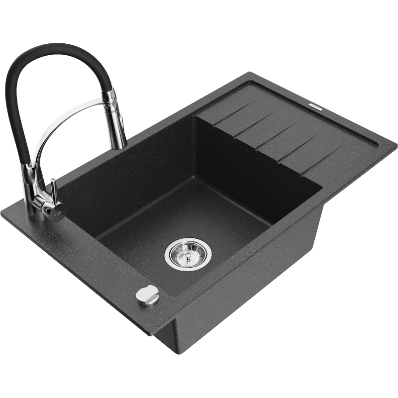 Mexen Elias Granitspüle 1-Becken mit Abtropffläche und Küchenarmatur Aster, schwarz gesprenkelt - 6511-76-73450-07