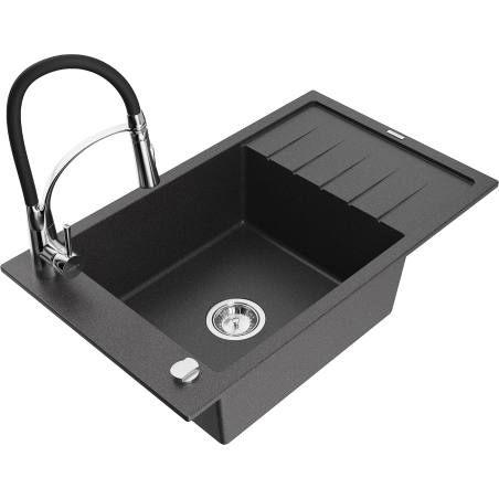 Mexen Elias Granitspüle 1-Becken mit Abtropffläche und Küchenarmatur Aster, schwarz gesprenkelt - 6511-76-73450-07