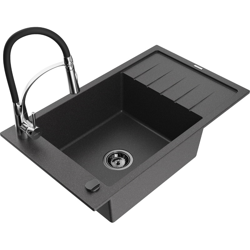Mexen Elias granitspüle 1-becken mit abtropffläche und küchenarmatur Aster, schwarz gesprenkelt - 6511-76-73450-07-B