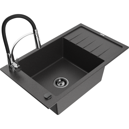 Mexen Elias granitspüle 1-becken mit abtropffläche und küchenarmatur Aster, schwarz gesprenkelt - 6511-76-73450-07-B