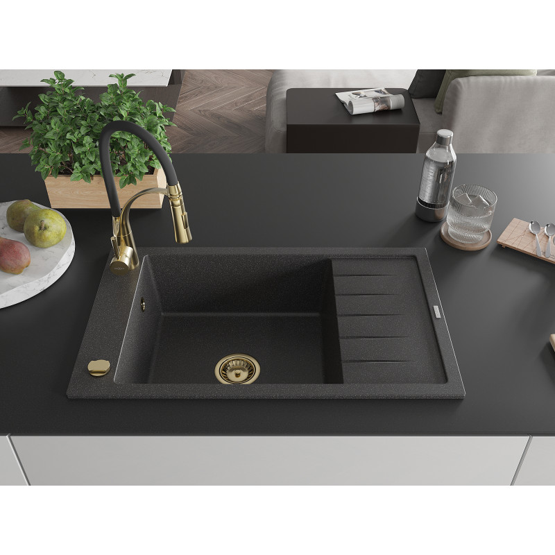 Mexen Elias Granitspüle 1-Becken mit Abtropffläche und Küchenarmatur Aster, schwarz gesprenkelt - 6511-76-73450-57-G