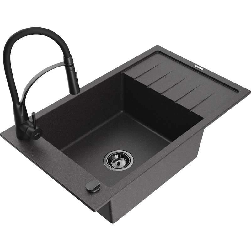 Mexen Elias Granitspüle 1-bowl mit Abtropffläche und Küchenarmatur Aster, schwarz gesprenkelt - 6511-76-73450-70-B