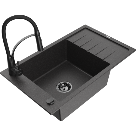 Mexen Elias Granitspüle 1-bowl mit Abtropffläche und Küchenarmatur Aster, schwarz gesprenkelt - 6511-76-73450-70-B