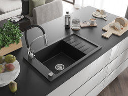 Mexen Elias Granitspüle 1-Becken mit Abtropffläche und Küchenarmatur Aster, schwarz - 6511-77-73450-07