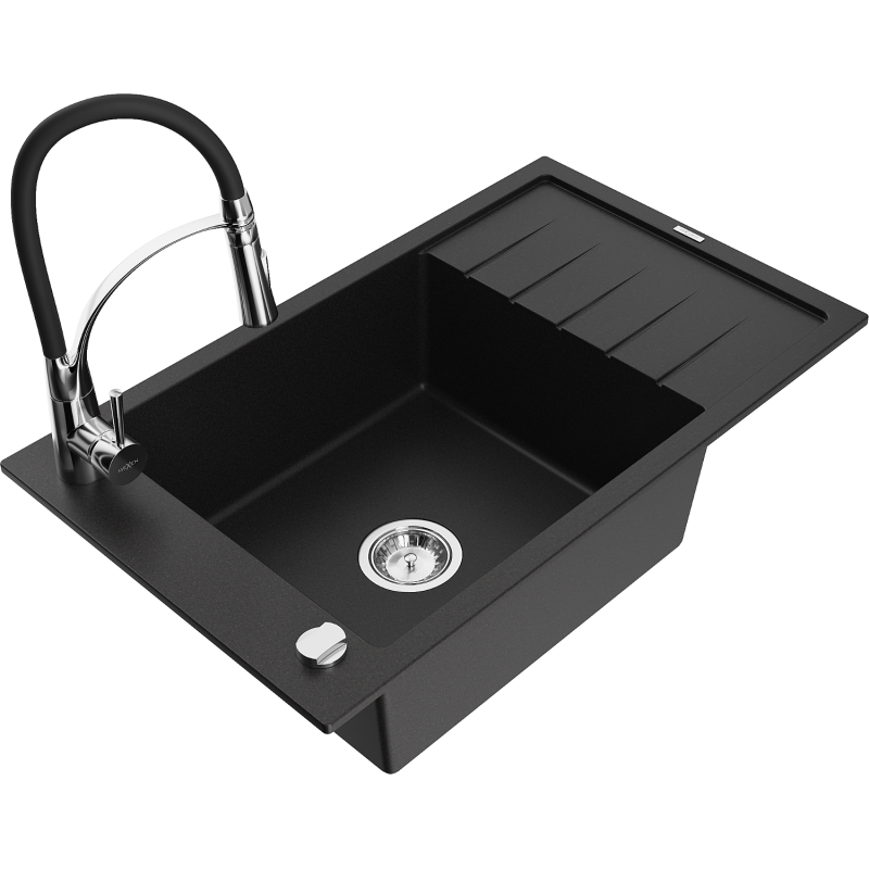 Mexen Elias Granitspüle 1-Becken mit Abtropffläche und Küchenarmatur Aster, schwarz - 6511-77-73450-07