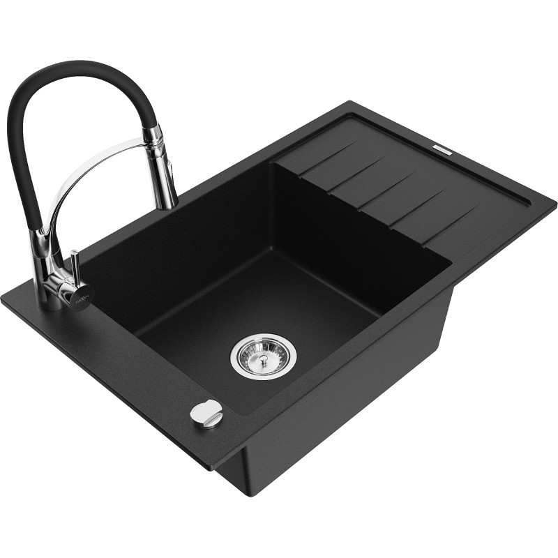 Mexen Elias Granitspüle 1-Kammer mit Abtropffläche und Küchenarmatur Aster, schwarz - 6511-77-73450-07